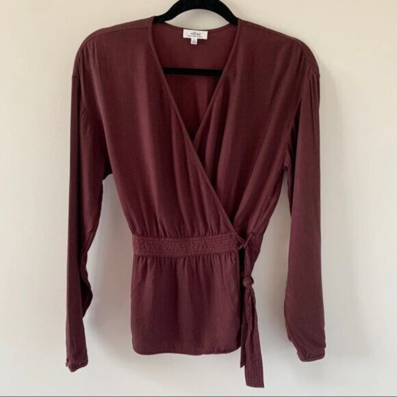 Wilfred Aritzia Anemone Blouse Wrap Tie Up Belted V-neck Truffle Maroon Size XS - Picture 2 of 16